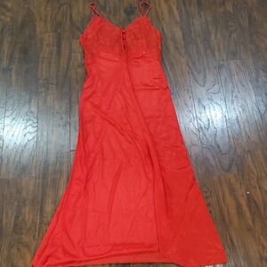 Vintage Red Lace-Detail Long Slip Chemise Made In USA